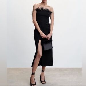 New Years Eve dress! Mango black strapless midi with removable feather trim. NYE
